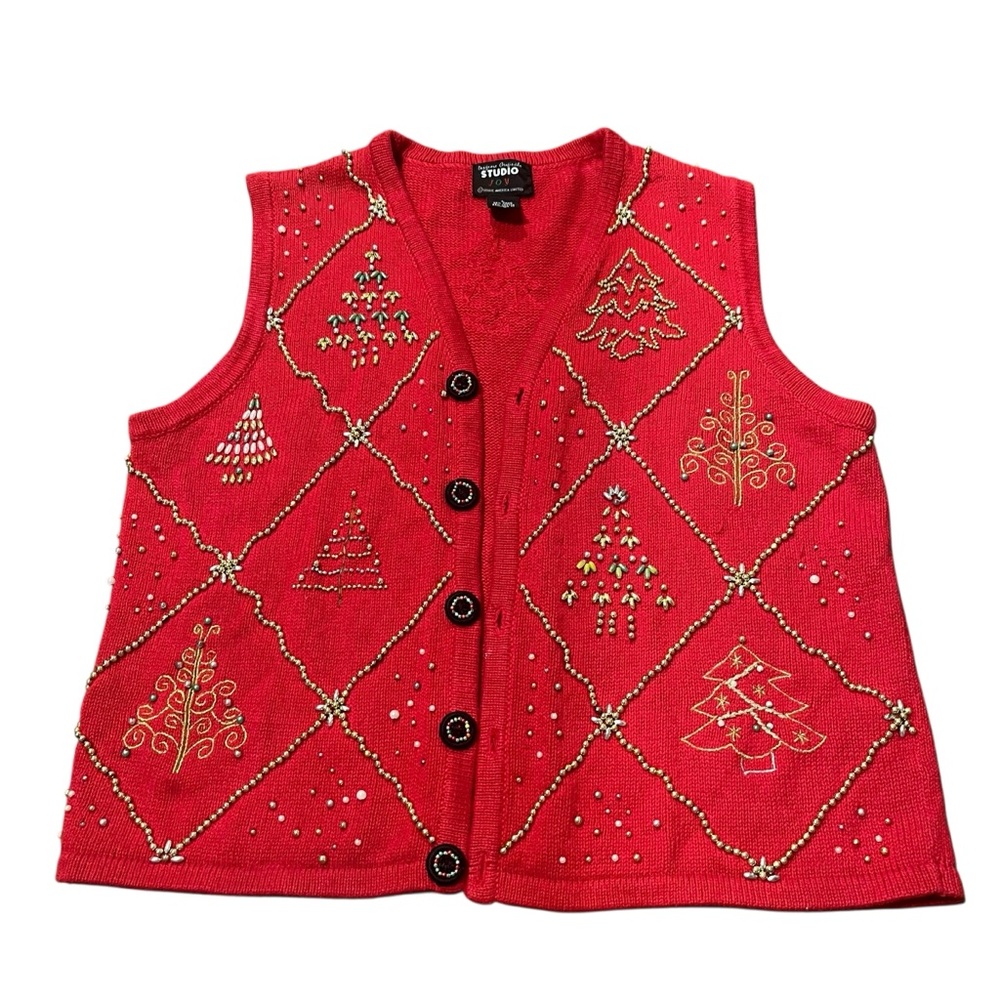 Designer Originals Studio Womens‎ Large Red Christmas Tree Sweater Vest Holiday